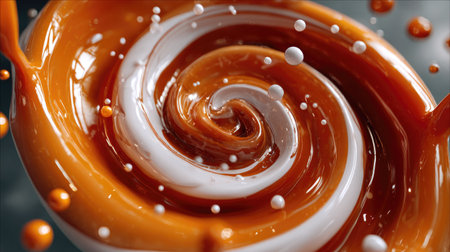 A captivating closeup of swirling creamy brown sauce and glossy white whipped cream, creating an enticing visual with floating bubbles and vibrant colors.の素材