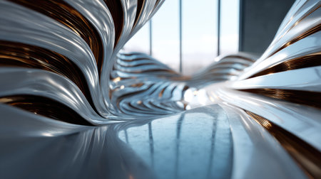 A captivating abstract scene featuring flowing metallic stripes and smooth curves, reflecting light in a modern indoor space, evoking elegance and creativity.の素材