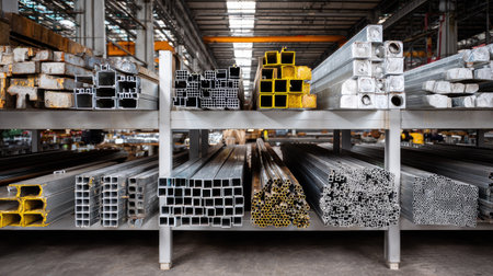 A well-organized warehouse displays an assortment of metal pipes, bars, and tubes on sturdy shelving. The scene highlights metal materials vital for industrial applications and construction.の素材