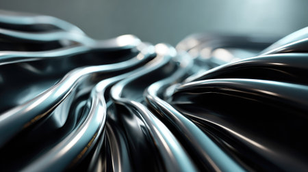 This image features an abstract black metallic surface with flowing lines and waves, creating a smooth and elegant visual effect. The soft focus background enhances the texture and depth, making it ideal for modern design projects or artistic presentations.の素材