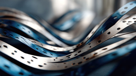 This image features elegant flowing strips of material in dynamic movement, creating a visually captivating effect with soft focus in the background.の素材
