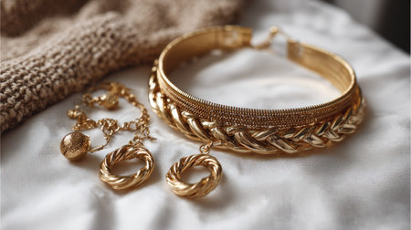 This image features an elegant gold jewelry set, including a necklace, earrings, and a bracelet, displayed on soft fabric. The intricate design gleams beautifully.の素材
