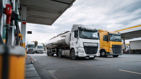 Two large trucks are stationed at a fuel station, one white and one yellow, surrounded by an overcast sky, depicting the essence of urban logistics.の素材