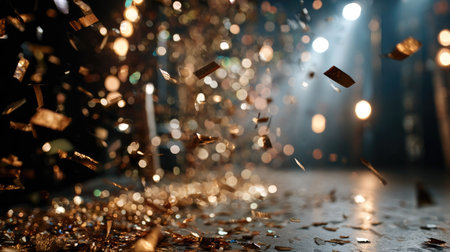 A stunning image capturing confetti falling gracefully on a stage, enhanced by beautiful lighting and a sparkling atmosphere, perfect for events.の素材