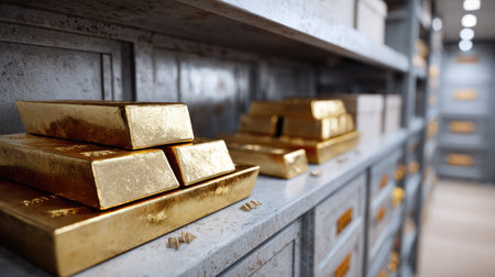 A close-up view of stacked gold bars inside a secure vault, showcasing luxury, security, and the allure of wealth and investment in a safe environment.の素材