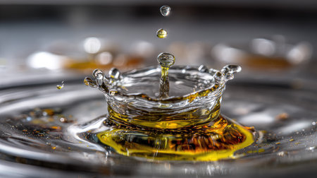 This captivating image captures the moment of a water drop creating ripples and splashes in a shiny surface, showcasing dynamic liquid patterns.の素材