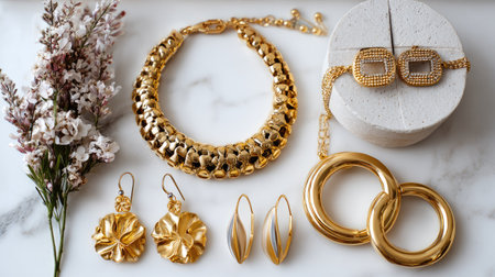 A stunning array of luxurious gold jewelry pieces including necklaces, earrings, and bracelets. Set against an elegant marble surface and floral accents.の素材