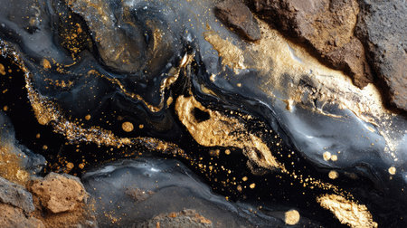 A captivating abstract artwork featuring black and gold fluid designs complemented by a textured rock background, perfect for modern decor and artistic inspiration.の素材