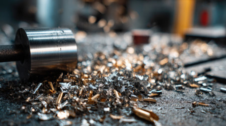 This close-up image captures the intricate details of metal shavings scattered on an industrial workshop floor, highlighting the artistry and precision of machining processes.の素材