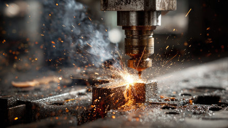 This dynamic close-up showcases the intricate process of metal machining, revealing sparks and metal shavings in an active industrial workshop setting.の素材