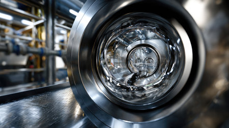 This image showcases a close-up view of a metallic pipe with clear water flowing inside, highlighting intricate details in an industrial environment.の素材