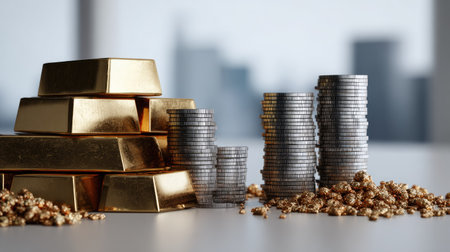 A visually striking arrangement of gold bars and silver coins, highlighting the concepts of investment and financial growth with a blurred urban background.の素材