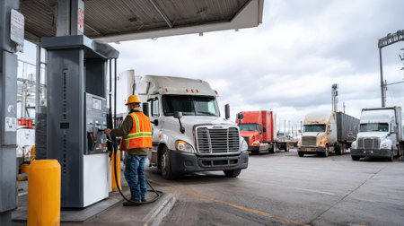 A truck driver refuels at a fuel station surrounded by heavy-duty trucks on a cloudy day. The industrial environment reflects the transportation industry's essential operations.の素材