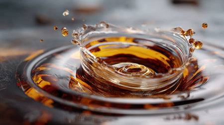 A mesmerizing close-up shot captures the instant of a water droplet impacting the surface, creating ripples and waves in a rich brown liquid.の素材