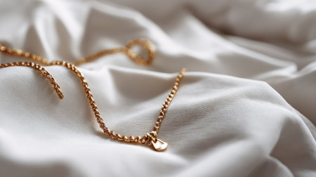 A stunning gold necklace delicately laid on soft white fabric, showcasing elegance and luxury through its refined design and subtle shine. Perfect for jewelry display.の素材