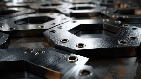 This image features a detailed close-up of hexagonal metal washers arranged on a textured surface, showcasing an industrial design with a polished finish.の素材
