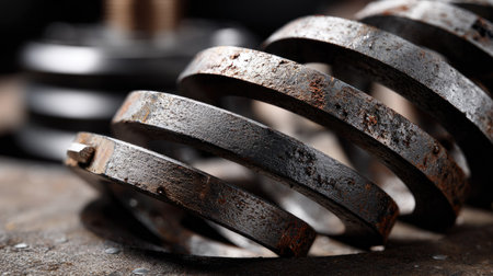 This detailed close-up showcases a rusty metal spring set against an industrial background, highlighting the intricate textures and forms of mechanical components.の素材