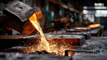 A captivating scene of molten metal being poured in a foundry, showcasing the intense heat and sparkling sparks, highlighting industrial craftsmanship and production.の素材