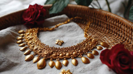 Discover an exquisite gold jewelry set featuring a stunning necklace and earrings, beautifully arranged with roses on soft fabric, perfect for special occasions.の素材