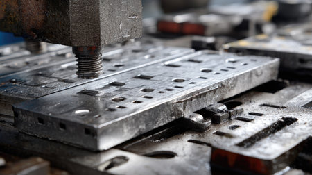 This image showcases a detailed close-up of the metal stamping process, highlighting machinery and equipment used in industrial manufacturing. The precision and craftsmanship involved are clearly visible.の素材
