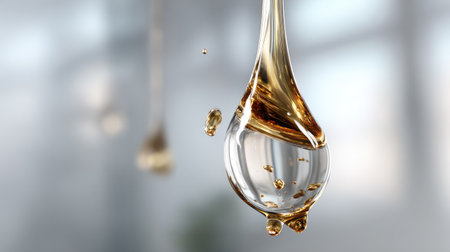 A captivating close-up of a droplet of clear liquid featuring shimmering gold particles, elegantly suspended in air against a soft, blurred background.の素材