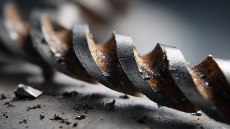 A high-resolution close-up image showcasing a rusty metal screw against a dark background, highlighting its intricate texture and metallic shavings.の素材