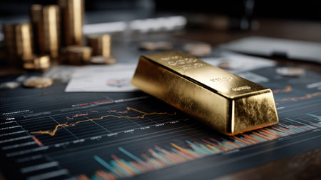 A sophisticated image showcasing a gleaming gold bar placed on financial charts, surrounded by coins, representing investment opportunities and market dynamics.の素材