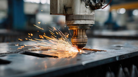 A high-precision cutting machine operates in a busy industrial workshop, emitting bright sparks during the metal cutting process, showcasing technology in action.の素材