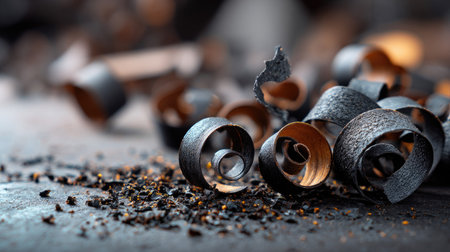 A detailed close-up of wood shavings on a dark surface, showcasing curled strips and fine particles, perfect for artistic and texture-based projects.の素材