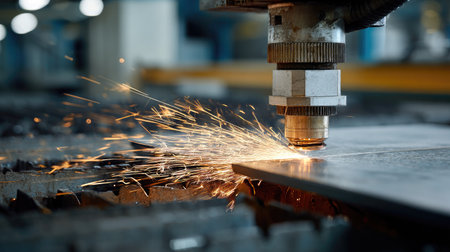 The image captures a close-up view of a laser cutting process in an industrial workshop, showcasing sparks and precision equipment in action.の素材