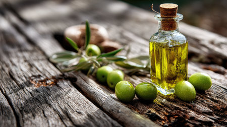 A charming glass bottle of olive oil set against a rustic wooden table, accompanied by fresh green olives and an olive branch, capturing a natural and healthy vibe.の素材