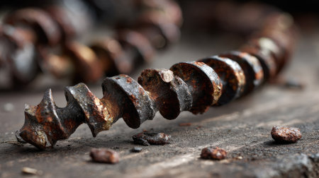 A captivating close-up view of a rusty screw resting on a wooden surface, showcasing intricate metal texture and weathering. Ideal for industrial themes.の素材