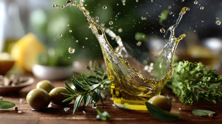 Captivating splash of olive oil amidst fresh herbs and green olives on a rustic wooden table, illustrating the essence of healthy cooking and vibrant flavors.の素材