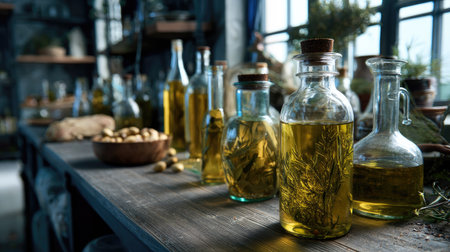 A captivating rustic kitchen scene featuring elegantly arranged glass bottles filled with olive oil and fragrant herbs, illuminated by natural light.の素材
