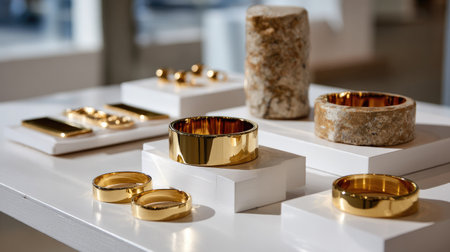 A visually appealing arrangement of gold jewelry, including rings and bracelets, displayed on white tables, illuminated by natural light, showcasing craftsmanship.の素材