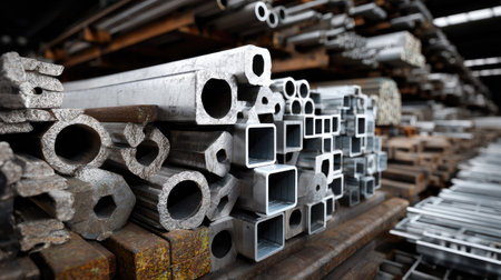 A detailed view of an industrial warehouse showcasing various metal components, highlighting materials used in construction and manufacturing processes.の素材