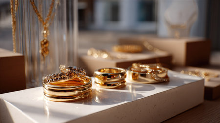 This image showcases a stunning array of gold jewelry pieces, including rings, bracelets, and necklaces, beautifully arranged to highlight their elegance and design.の素材