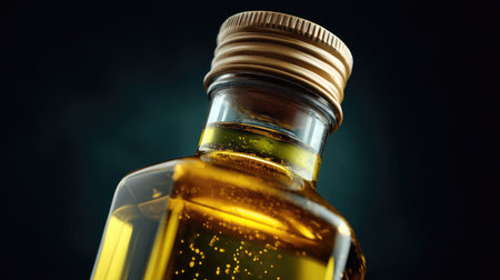 This striking image showcases a glass bottle filled with golden oil, featuring a sleek metallic cap. The dramatic lighting emphasizes the rich color and texture of the oil against a dark background. Ideal for culinary-themed projects, food blogs, and kitchen product promotions.の素材