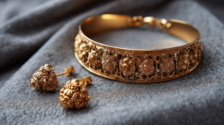 This image features an elegant vintage gold jewelry set, including a beautifully designed bracelet and matching earrings, placed on a soft gray fabric background.の素材