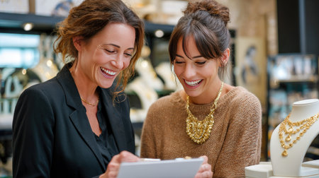 Two women share a joyful moment as they discuss elegant jewelry pieces in a boutique. The interaction captures happiness, friendship, and the joy of shopping.の素材