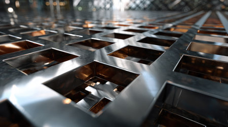 This image captures a close-up of a shiny metal grate featuring an intricate pattern that reflects light beautifully, highlighting modern design aesthetics.の素材
