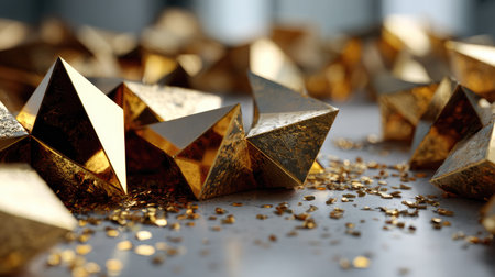 A captivating arrangement of golden pyramids and sparkling glitter creates an elegant, luxurious visual, perfect for design projects and festive celebrations.の素材