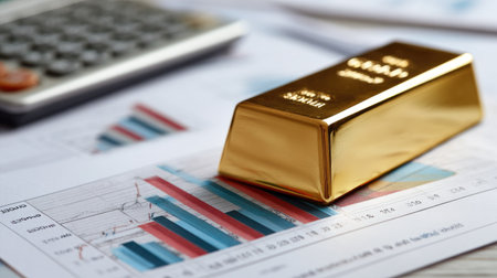 A shining gold bar rests on colorful financial reports with graphs and a calculator, illustrating themes of investment, wealth, and economic analysis.の素材