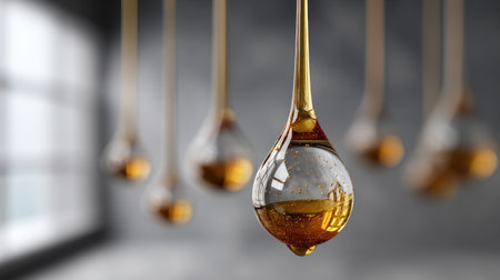This captivating image features droplets of golden liquid suspended in air, creating a serene and elegant atmosphere with a softly blurred background.の素材