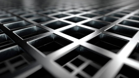 This image showcases a close-up view of a black metallic grid pattern, featuring intricate reflections and deep shadows. Ideal for industrial and design themes.の素材