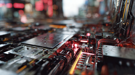 This detailed close-up showcases a futuristic circuit board with glowing lights and intricate components, illustrating advanced technology in a digital world.の素材