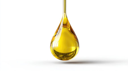 This striking image features a single droplet of golden oil suspended in mid-air. The clean white background emphasizes the oil's purity and luminance, making it perfect for culinary or health-related uses.の素材