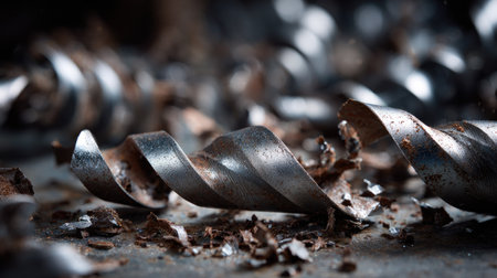 This close-up image captures the intricate details of metal shavings and twisted drill bits, showcasing tools in a dark workshop environment.の素材