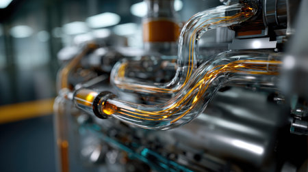 This detailed close-up image showcases intricate tubing and transparent pipes within an industrial engine setting, highlighting mechanical precision and design.の素材