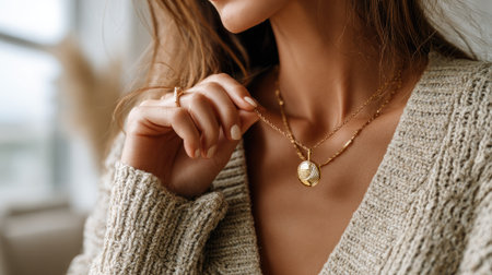A close-up shot of a woman gently holding a beautiful gold necklace with a pendant. The cozy indoor atmosphere enhances the elegance of the jewelry and style.の素材